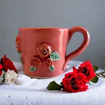 Sprigged Mug #2 with Red Roses in Relief from Pink Background
