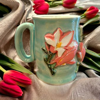 Sprigged Mug #28 with Pink Magnolias on Succulent Green Background