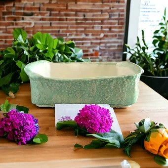 Textured Round Top Bread Baker #36 with Butterflies and Flowers in Succulent Green