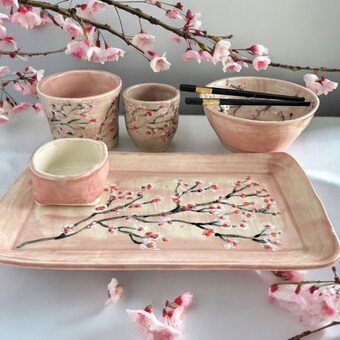 Complete Japanese-Style Dinnerware Set for One #41 with Cherry Blossom Designs