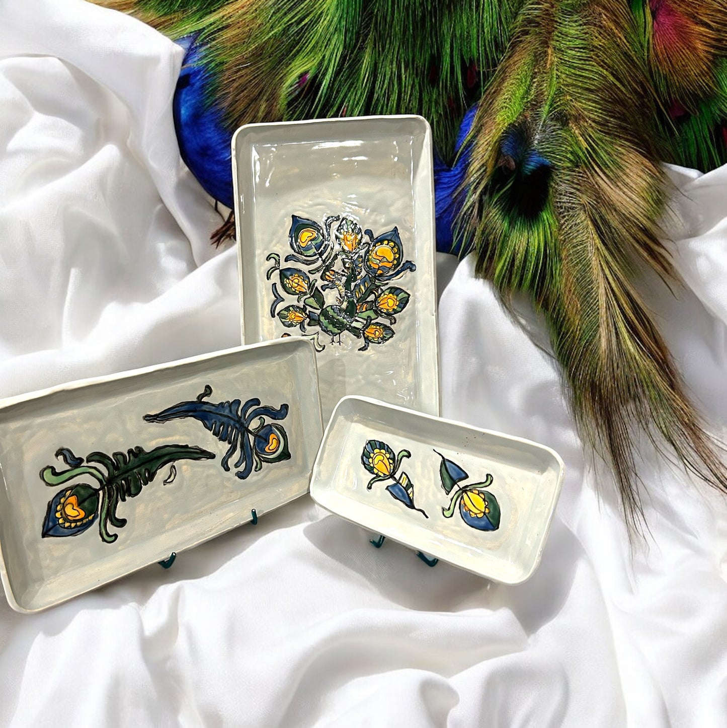 Decorative Set of Peacock Plates #43 with Handpainted Bird and Feather Designs