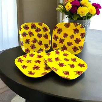 Set of Four Square Handbuilt Side Plates #43 with Handpainted Flower Designs