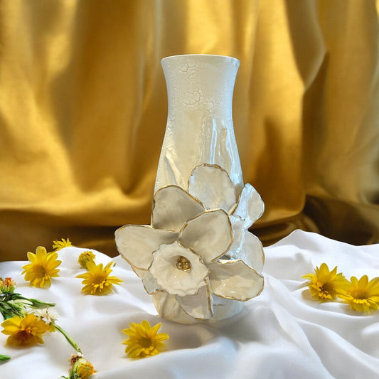 Slip Casted Vase with Sculpted Daffodils and Gold Leaf Accents 7"