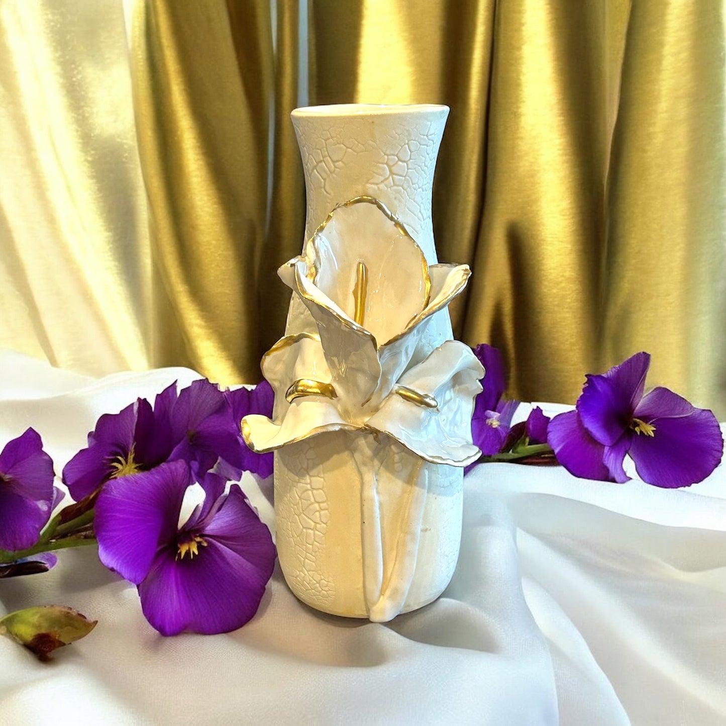 Slip Cast Vase with Sculpted Iris with Gold Leaf Accents 7"