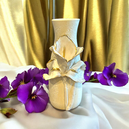 Slip Cast Vase with Sculpted Iris with Gold Leaf Accents 7"
