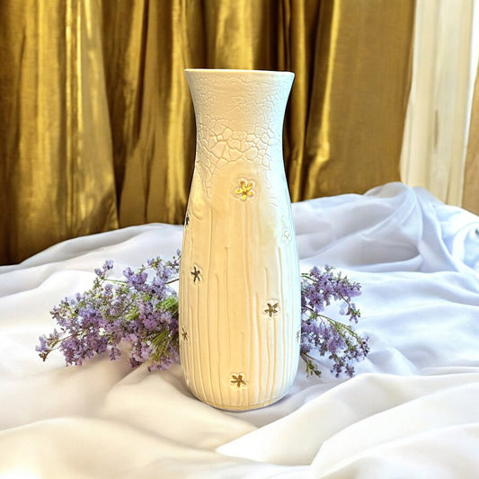 Slip Cast Vase with Carved Spring Beauties Flowers with Gold Leaf Accents 7"