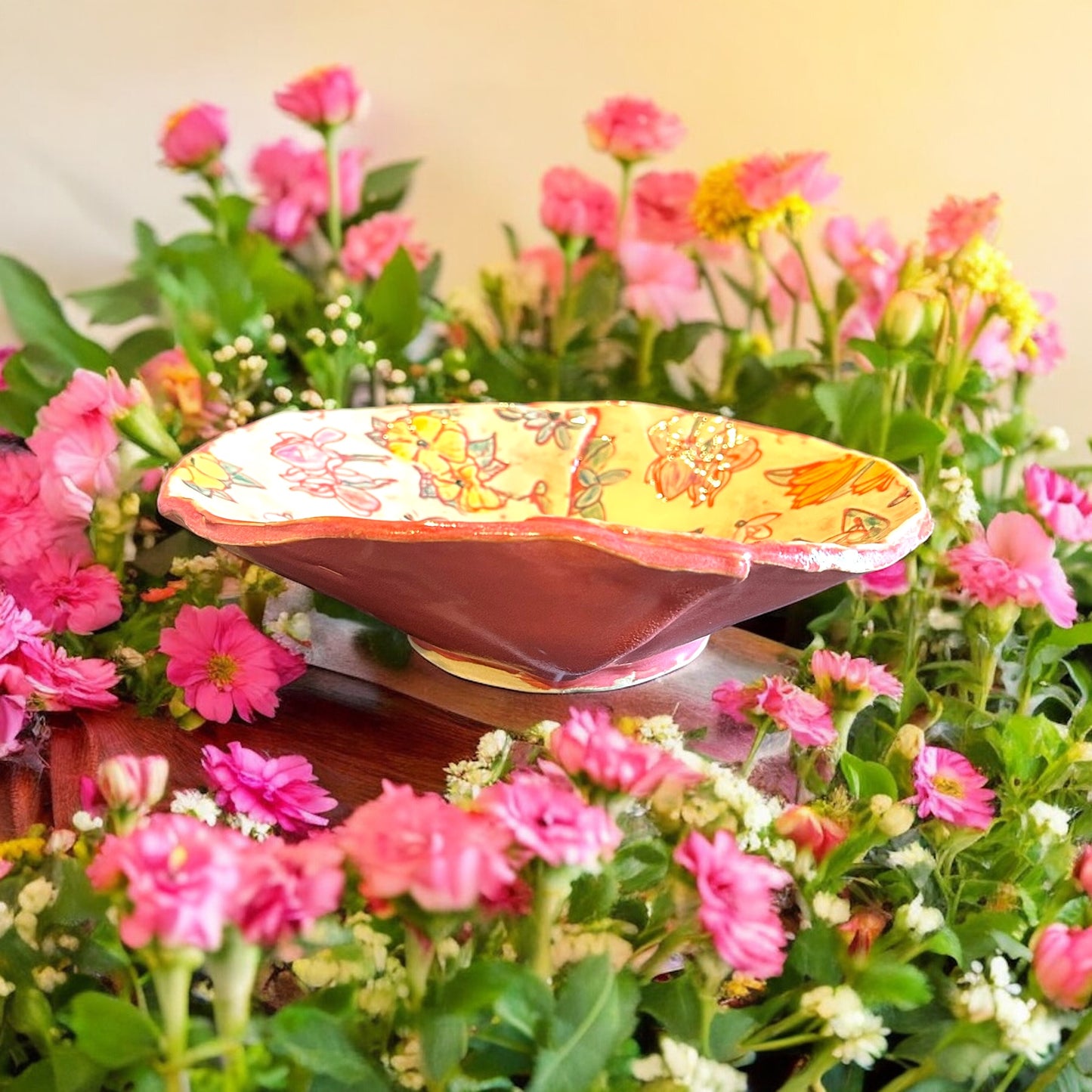 Medium Handpainted Origami Bowl # 59 with Spring Flowers in Fairy Rose Pink and Creamy White