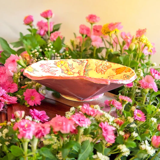 Origami Bowl # 59 with Handpainted Spring Flowers in Fairy Rose Pink and Creamy White