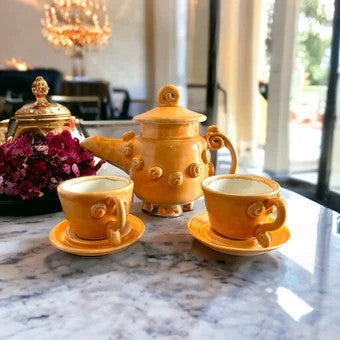 Set of Whimsical Teapot and Tea Cups with Saucers #6 in Tangerine Orange
