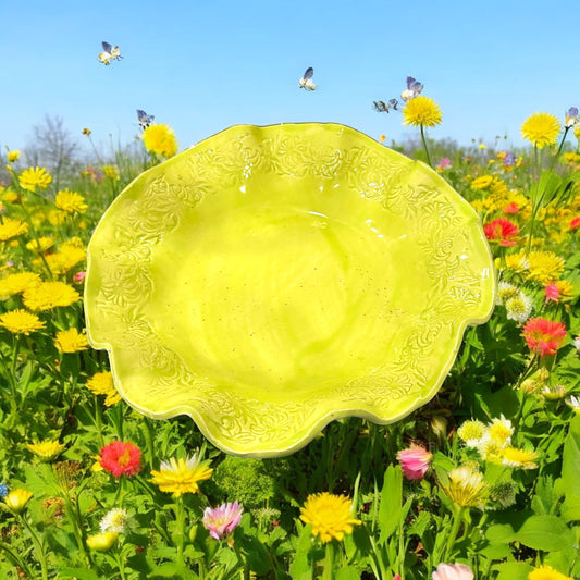 Large Salad Bowl #61 with Ruffled Rim in Yellow Green on Speckled Clay