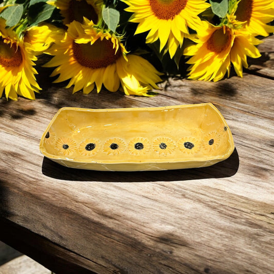 Textured Cracker Tray # 62 with Sunflower Designs on Speckled Stoneware Clay