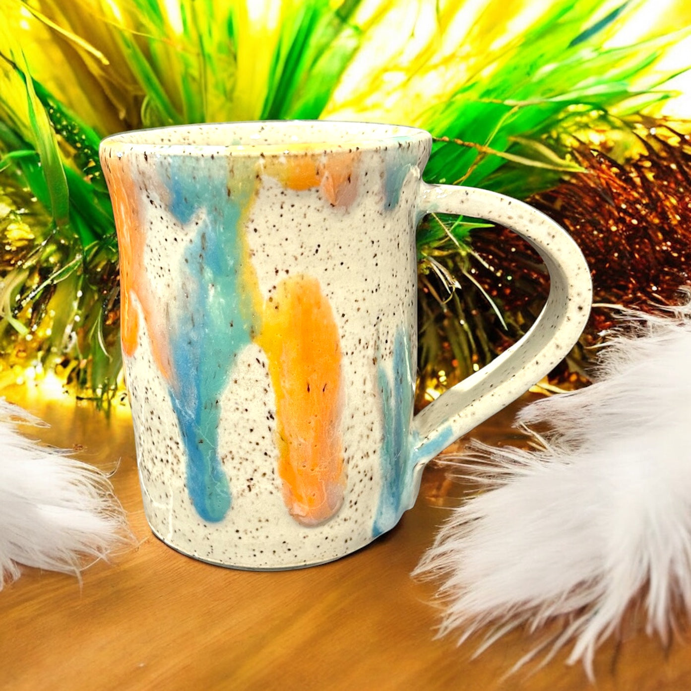 Wheel-Thrown Mug #65 on Speckled Stoneware in Transparent Spring Colors