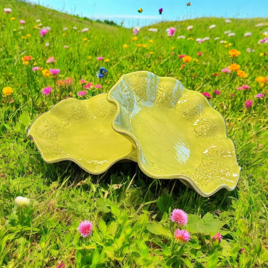Set of Two Bowls #68 with Ruffled Rims in Yellow Green on Speckled Clay