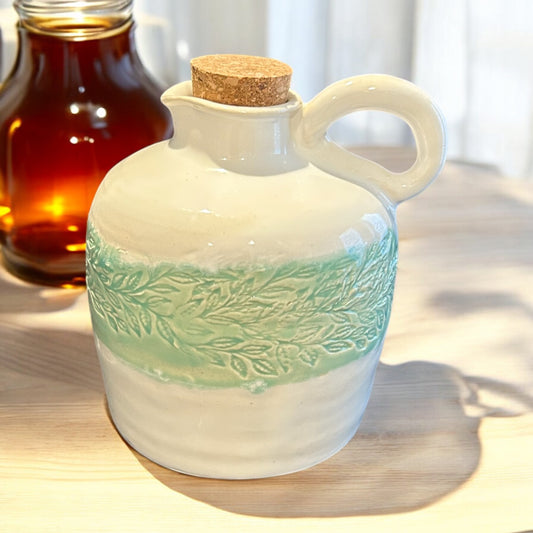 Textured Wheel-Thrown Maple Syrup Jug #69 with Leaf and Vine Designs in Lime Green and White