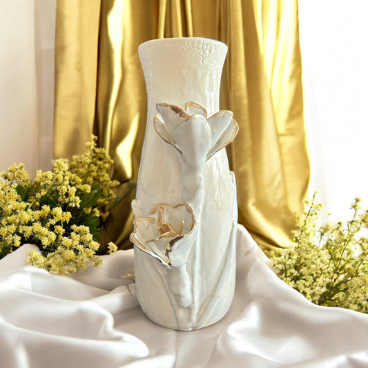 Slip Cast Textured Vase with Sculpted Crocus Flowers with Gold Leaf Accents 7"