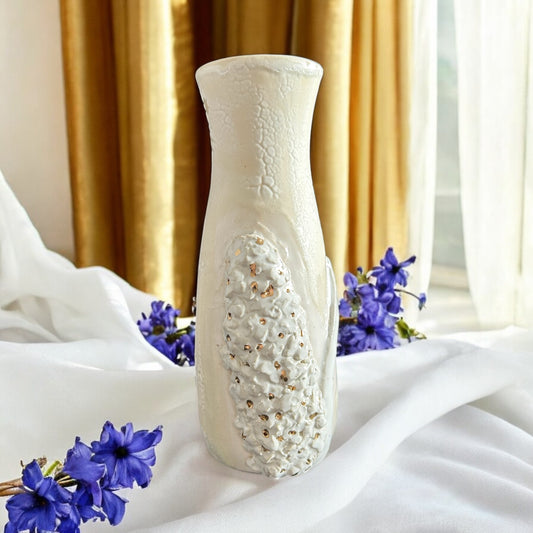 Slip Cast Textured Vase with Sculpted Blue Hyacinths and Gold Leaf Accents 7"