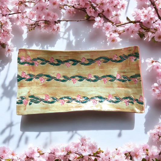 Handbuilt Sushi Plate  #76 with Handpainted Cherry Blossom Vines
