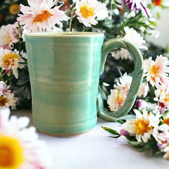 Wheel-Thrown Mug #8 with Braided Handle in Succulent Green