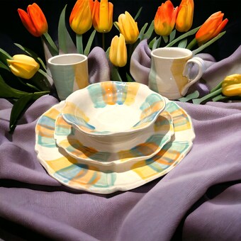 Complete Dinnerware Set for One #9 with Carved and Multicolor Rim