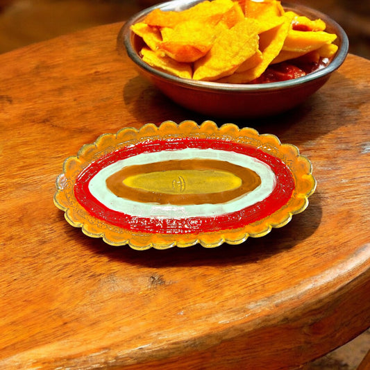 Small Handbuilt Textured Nachos Platter #33 with Scalloped Rim with Festive Southwestern Designs in Bold Colors