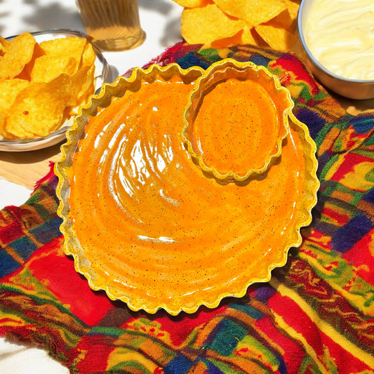 Handbuilt 2-Section Chip and Dip Platter #35 with Ruffled Edges in Orange and Yellow