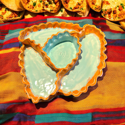 Handbuilt 4-Section Chip and Dip Platter #37 with Ruffled Edges in Turquoise and Orange