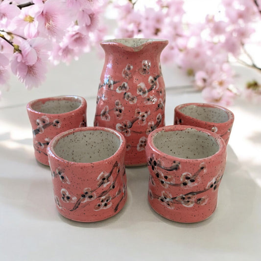 Complete 5-Piece Sake Set #1 with Handpainted Cherry Blossoms and Squeeze Handles
