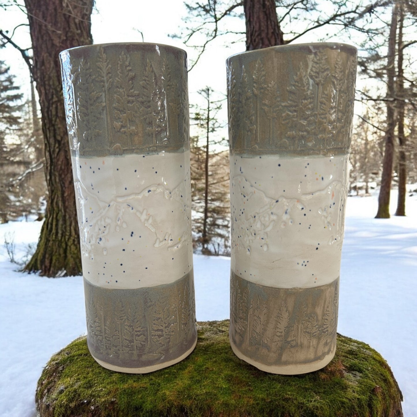 Set of 2 Tall Textured Tumblers #2 with Winter Trees and Mountains in Toasted Sage