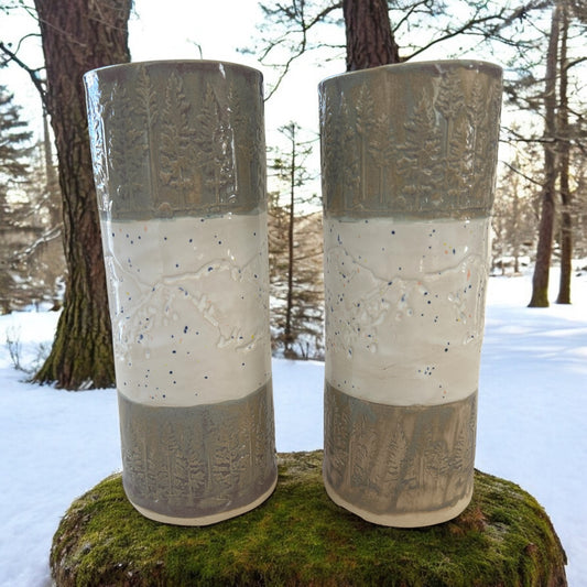 Set of 2 Tall Textured Tumblers #2 with Winter Trees and Mountains in Toasted Sage
