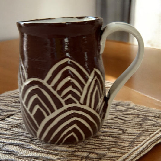 Sgriffito Mug #34 with Carved Art Deco Designs in Brown and Cream