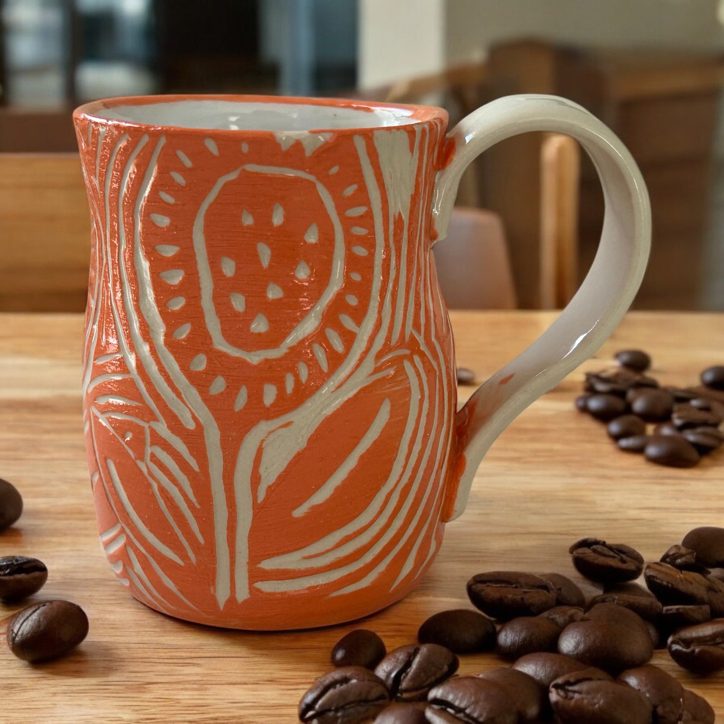 Sgraffito Mug #35 with Carved Art Deco Designs in Orange and Cream