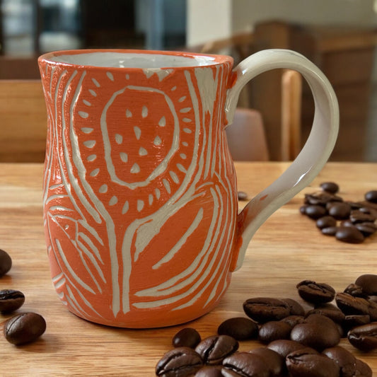 Sgraffito Mug #35 with Carved Art Deco Designs in Orange and Cream