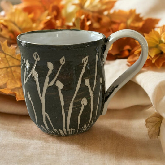 Sgraffito Mug #36 with Carved Fall Flower Designs in Dark Green