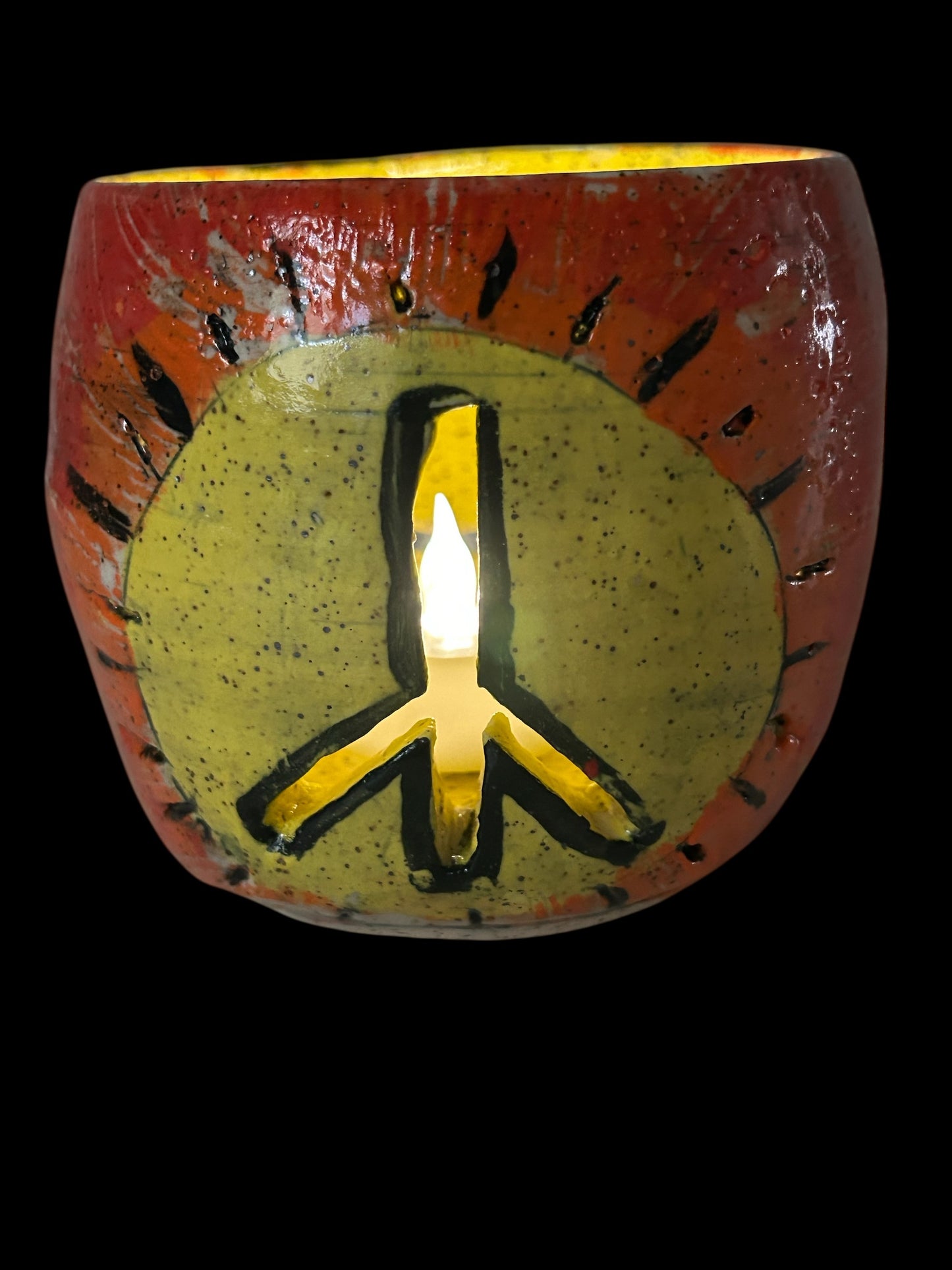 Luminary Candle Holder #1 with Carved Retro Smiley Face and Peace Symbol in Rainbow