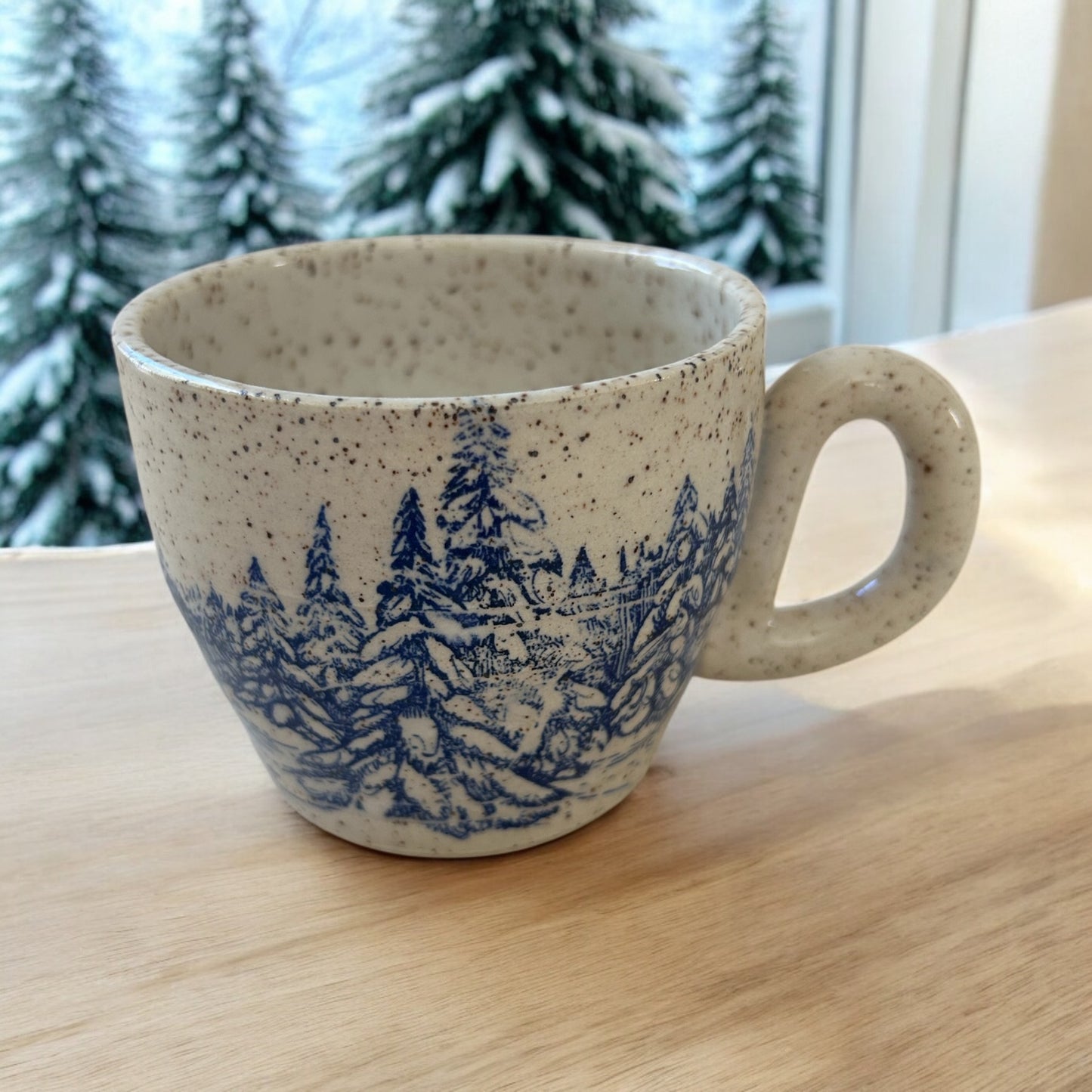 Small Wheel-Thrown Speckled Mug #42 with Monoprint Snowy Evergreen Trees