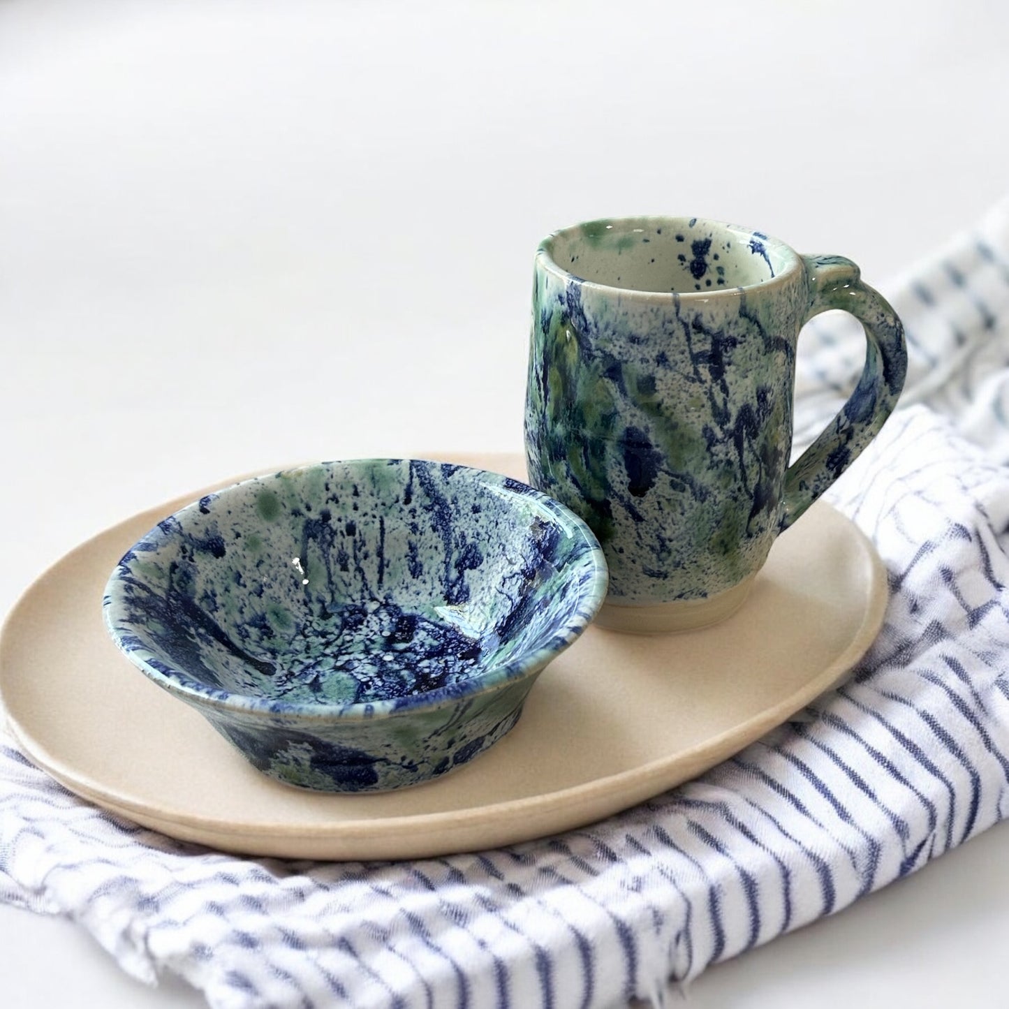 Splatter Mug and Bowl Set #3 in White, Green and Blue