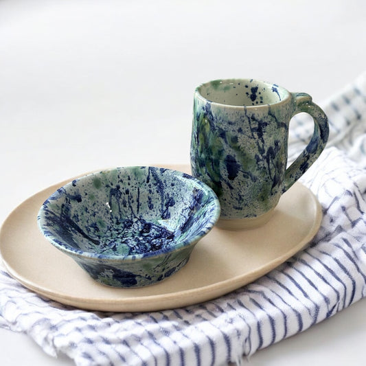 Splatter Mug and Bowl Set #3 in White, Green and Blue