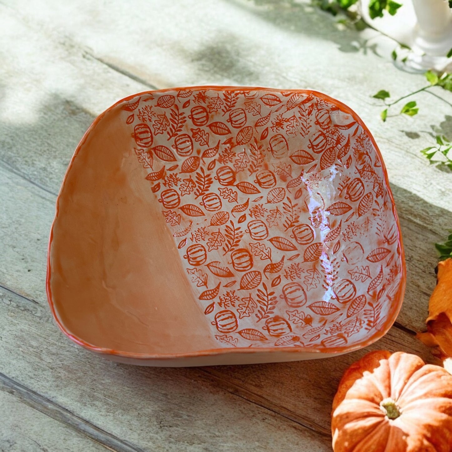 Medium Side Dish Bowl #34 with Rolled Pumpkin and Leaves Designs