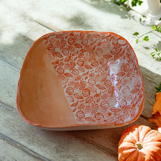 Medium Side Dish Bowl #34 with Rolled Pumpkin and Leaves Designs