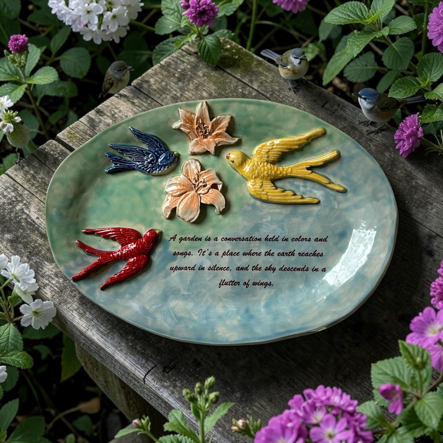 "Talking" Sculpture Platter #1 with Lilies and Birds