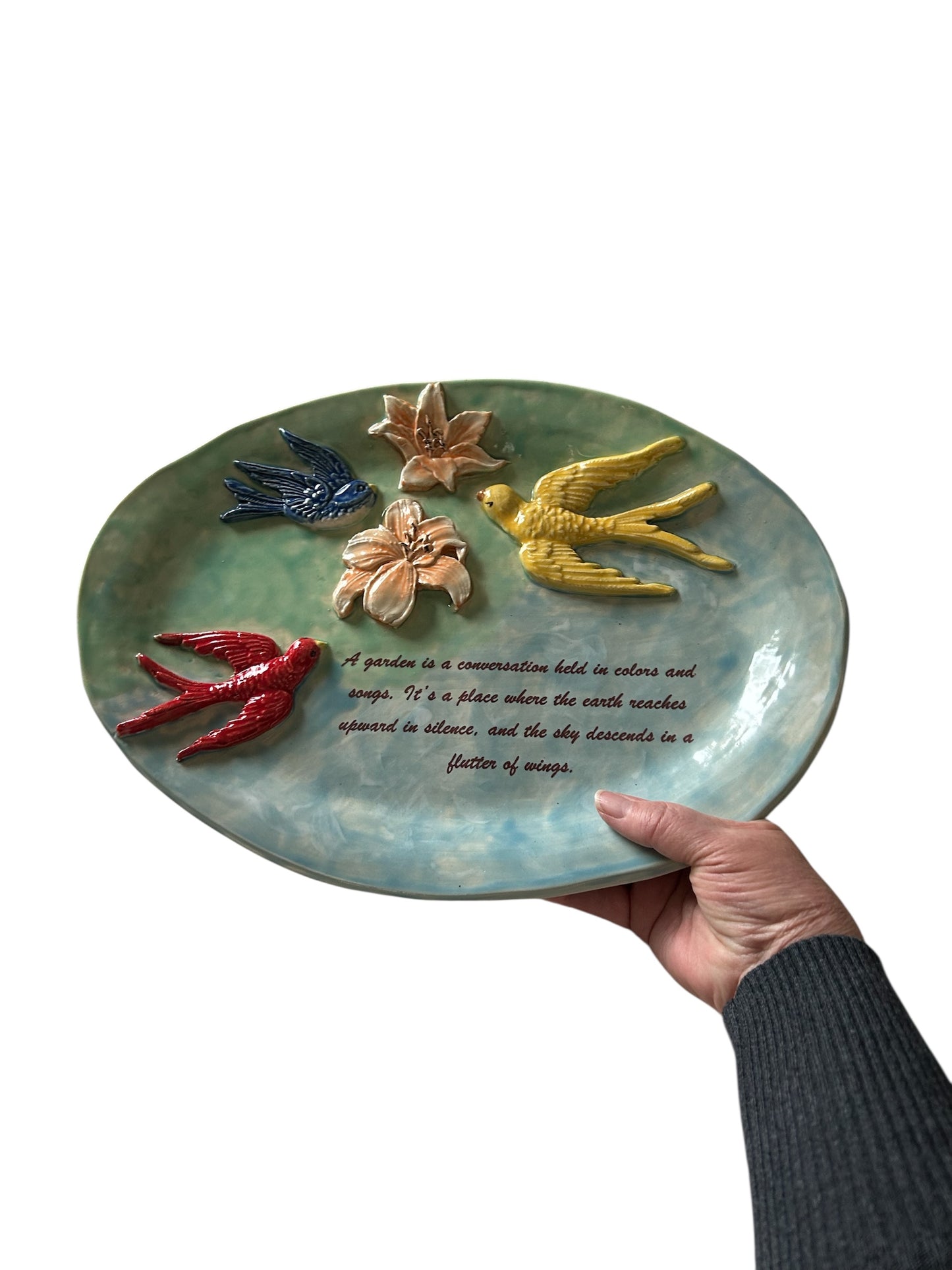 "Talking" Sculpture Platter #1 with Lilies and Birds