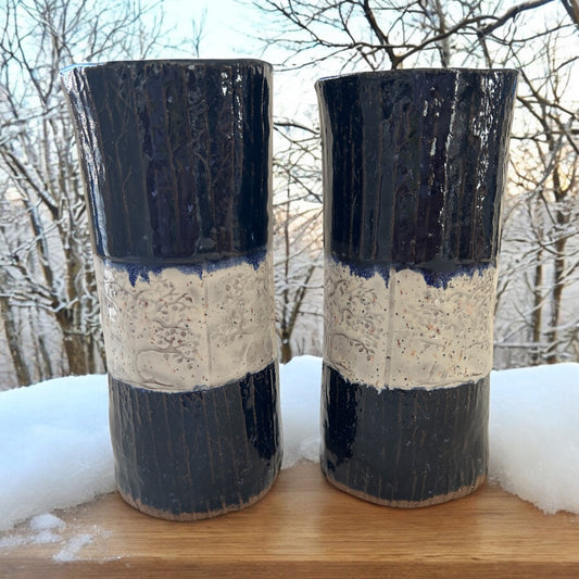 Set of 2 Tall Textured Tumblers with Winter Trees Designs in Cobalt Blue and White