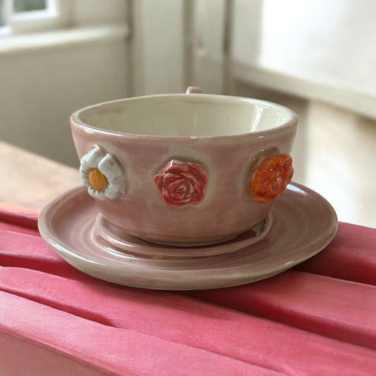 Sprigged Tea Cup and Saucer #43 with Various Flowers in Translucent Plum