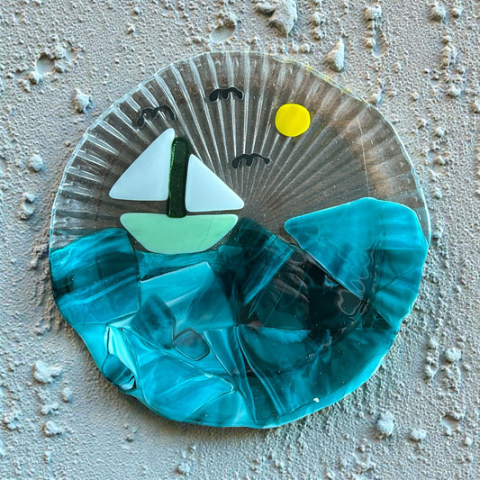 Handmade 8" Textured Fused Glass Side Plate with Nautical Scene