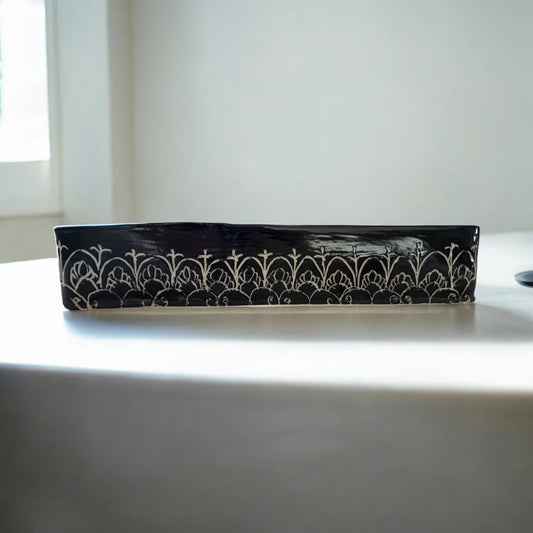 Long Sgraffito Tiramisu Casserole #4 with Carved Mantra Designs