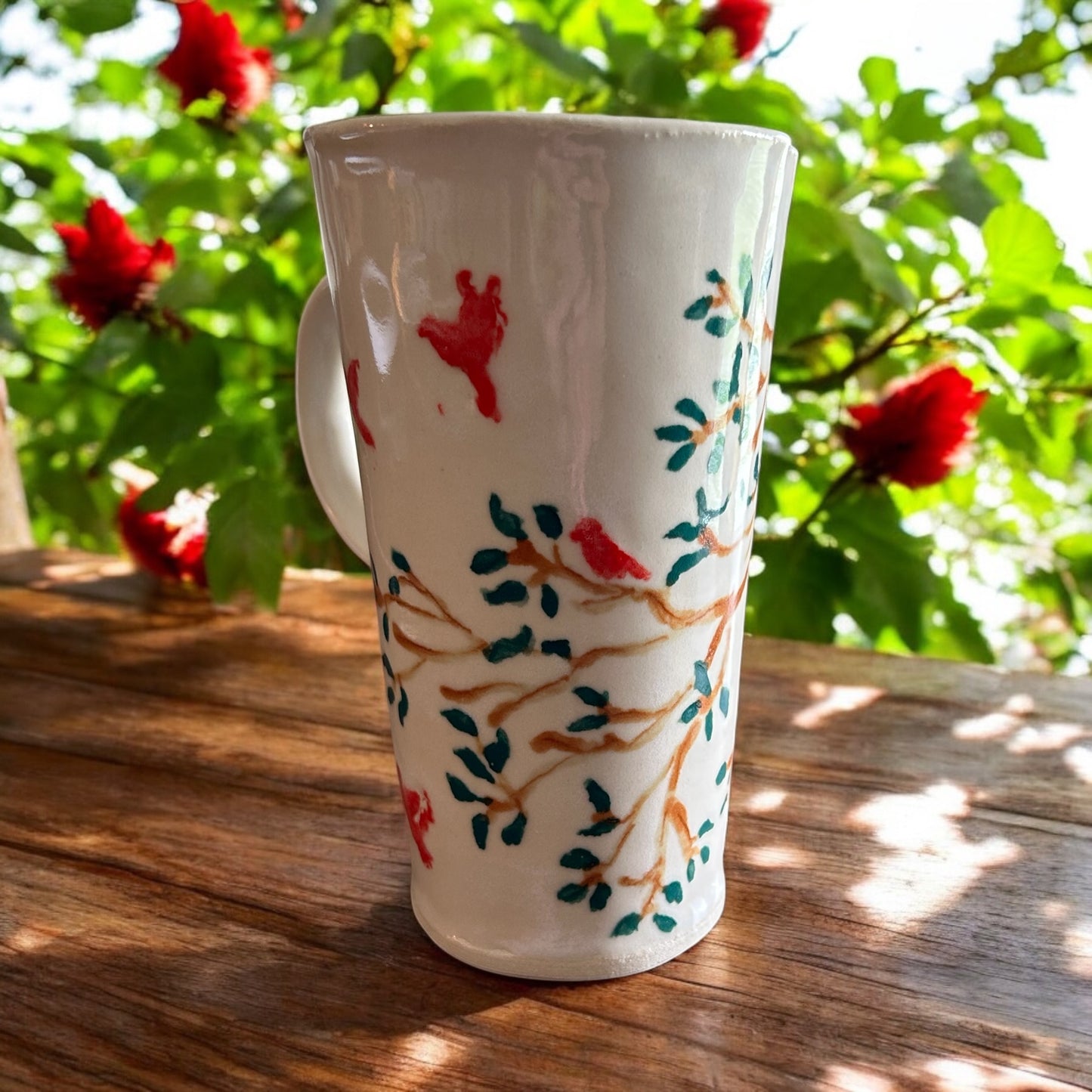 Travel Mug #2 with Handpainted Cardinals and Tree Branches with Left Hand Handle