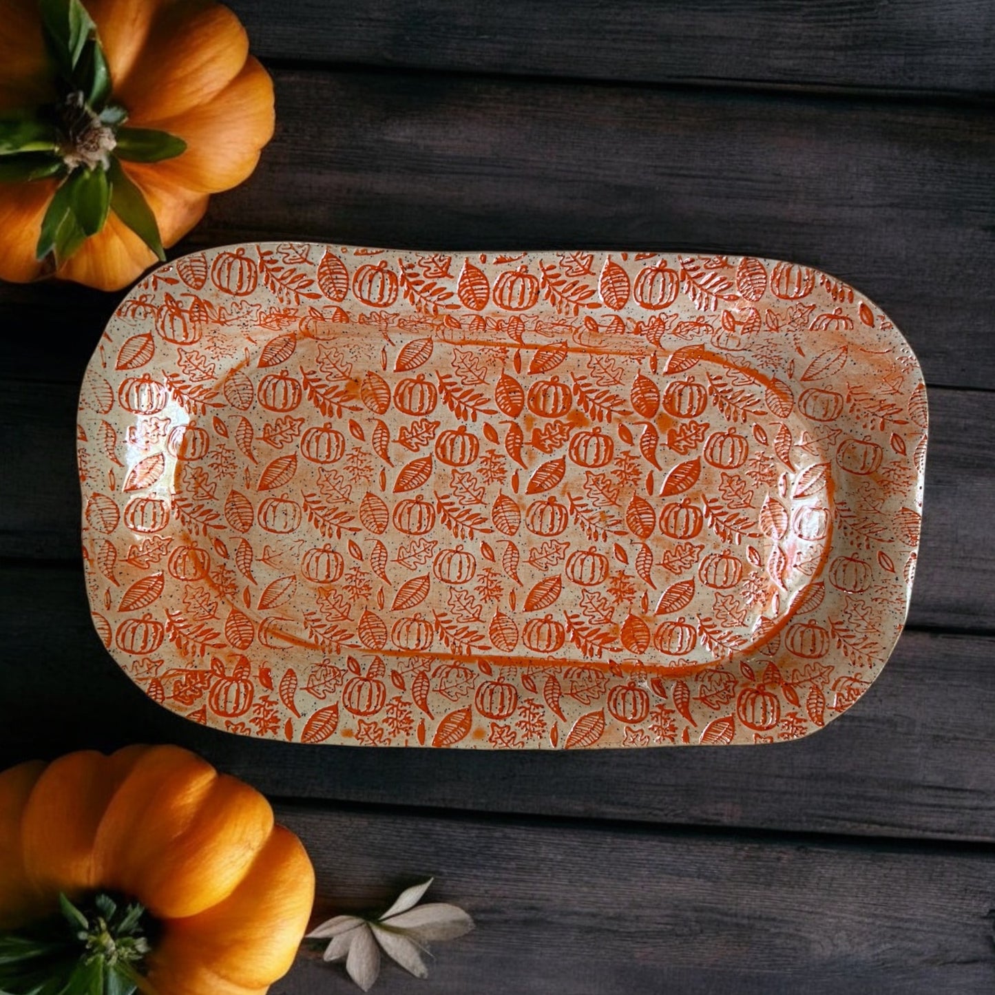 Large Textured Tray #19 with Pumpkins and Leaves in Autumn Orange