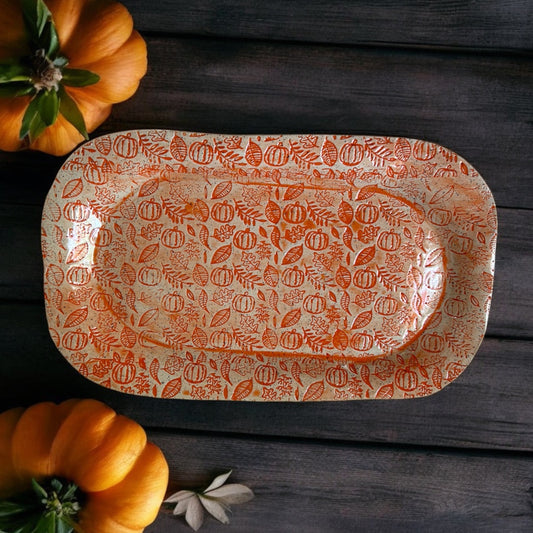Large Textured Tray #19 with Pumpkins and Leaves in Autumn Orange