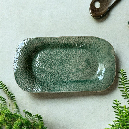 Medium Textured Treat Tray #20 with Impressed Leaves Designs in Jade Green