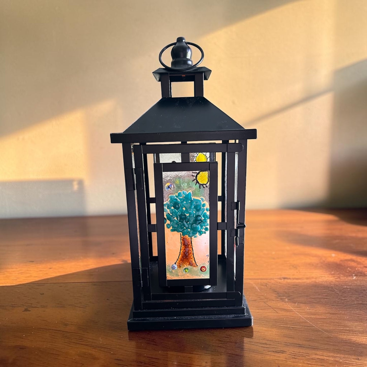 Homemade Battery-Powered Fused Glass Candle Lantern with Seasonal Trees Designs